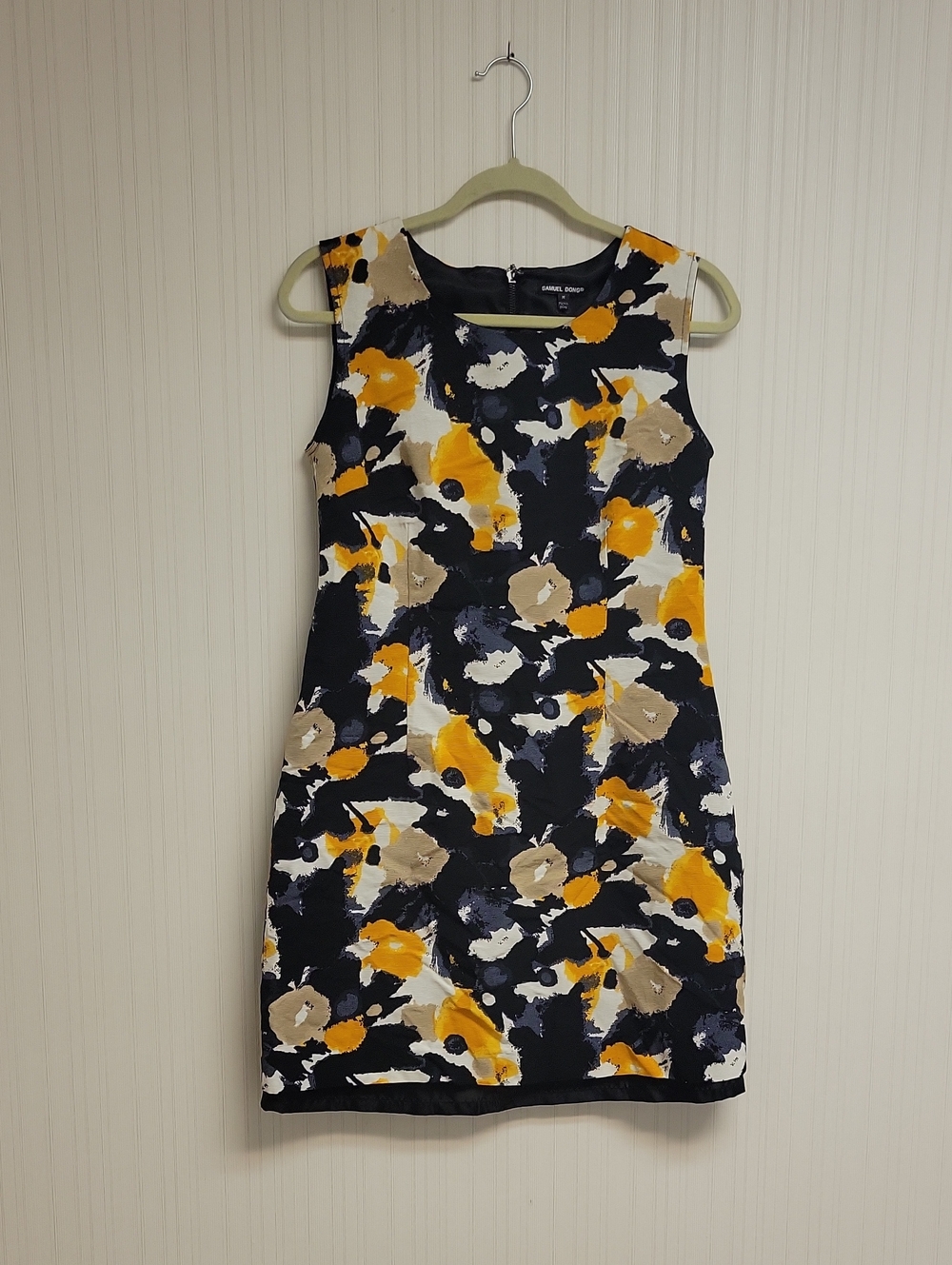 Samuel Dong Sheath Dress with Yellow Beige Abstract Print Medium Office Business